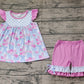 Baby Girl Short Sleeves Plaid Flower Bows Tunic Ruffle Shorts Clothes Set RTS