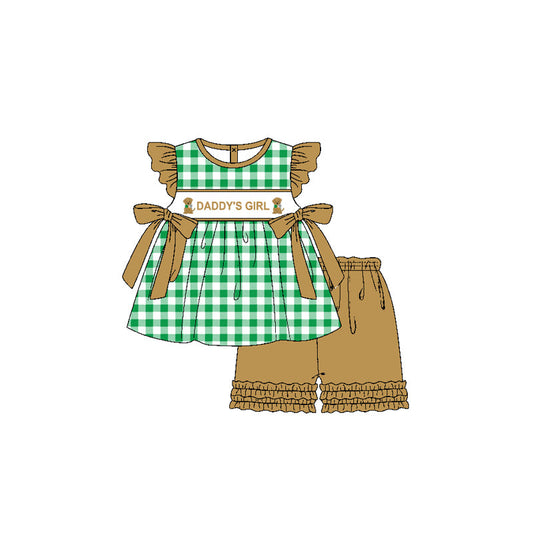 Preorder Baby Kids Short Sleeves Daddy's Girl Dogs Green Plaid Tunic Ruffle Shorts Clothes Set