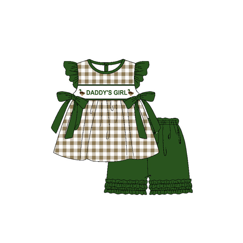 Preorder Baby Kids Short Sleeves Daddy's Girl Ducks Plaid Bows Tunic Ruffle Green Shorts Clothes Set