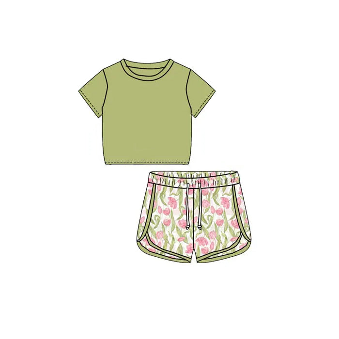 Preorder Baby Girl Short Sleeves Green Shirt Sports Flower Shorts Clothes Set