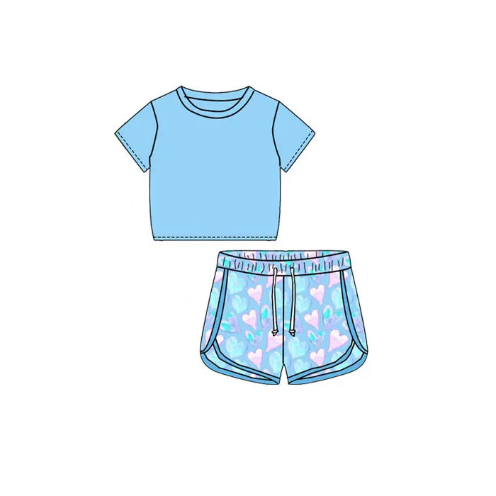 Preorder Baby Girl Short Sleeves Blue Shirt Sports Hearts Shorts Clothes Set