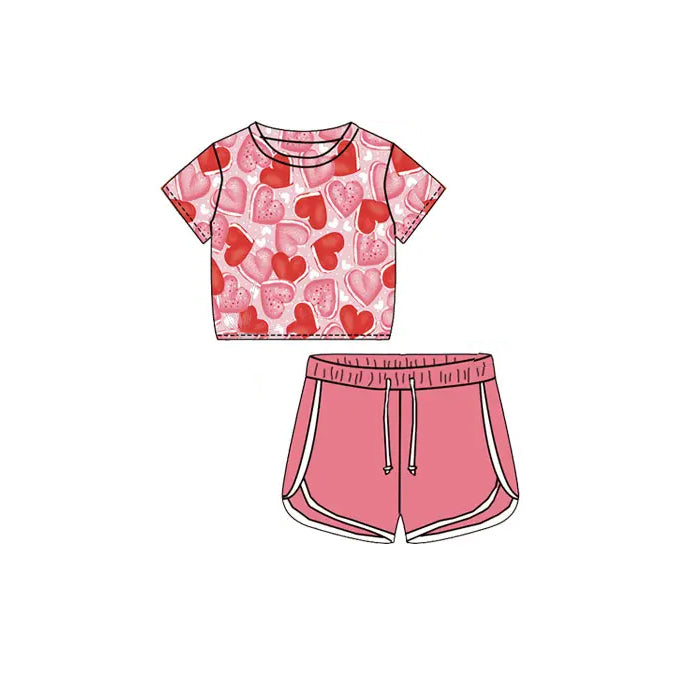 Preorder Baby Girl Short Sleeves Pink Shirt Sports Hearts Shorts Clothes Set