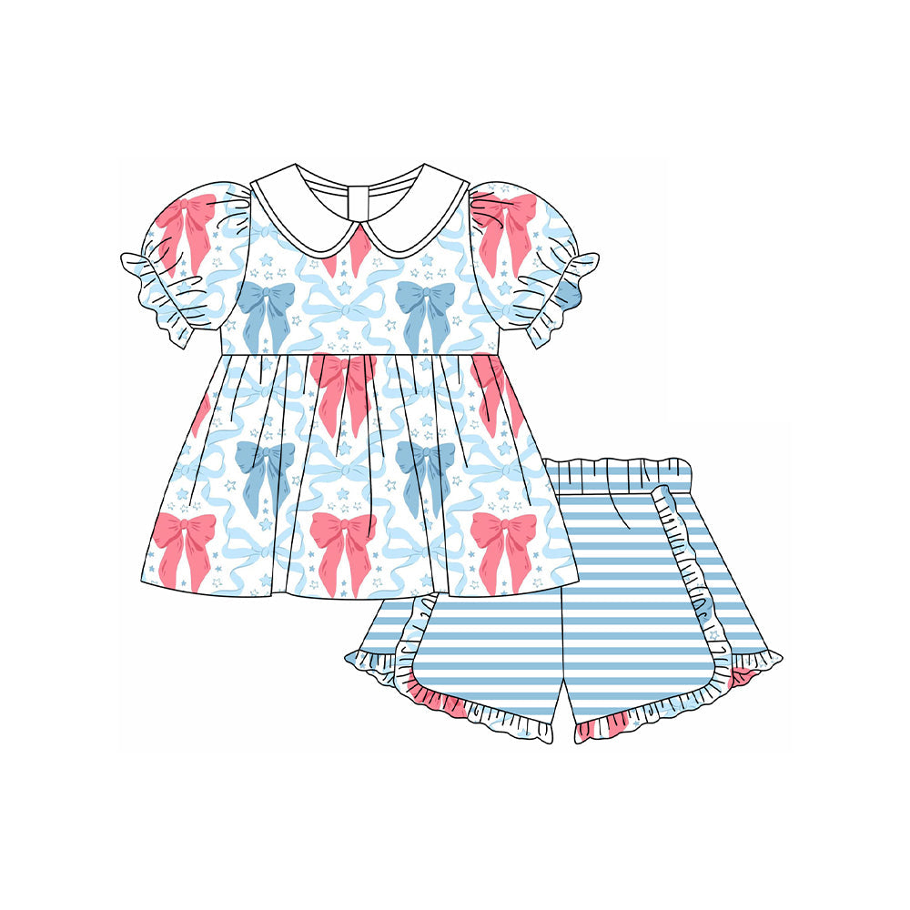 Preorder Baby Girl Short Sleeves July 4th Bows Top Stripes Shorts Clothes Set