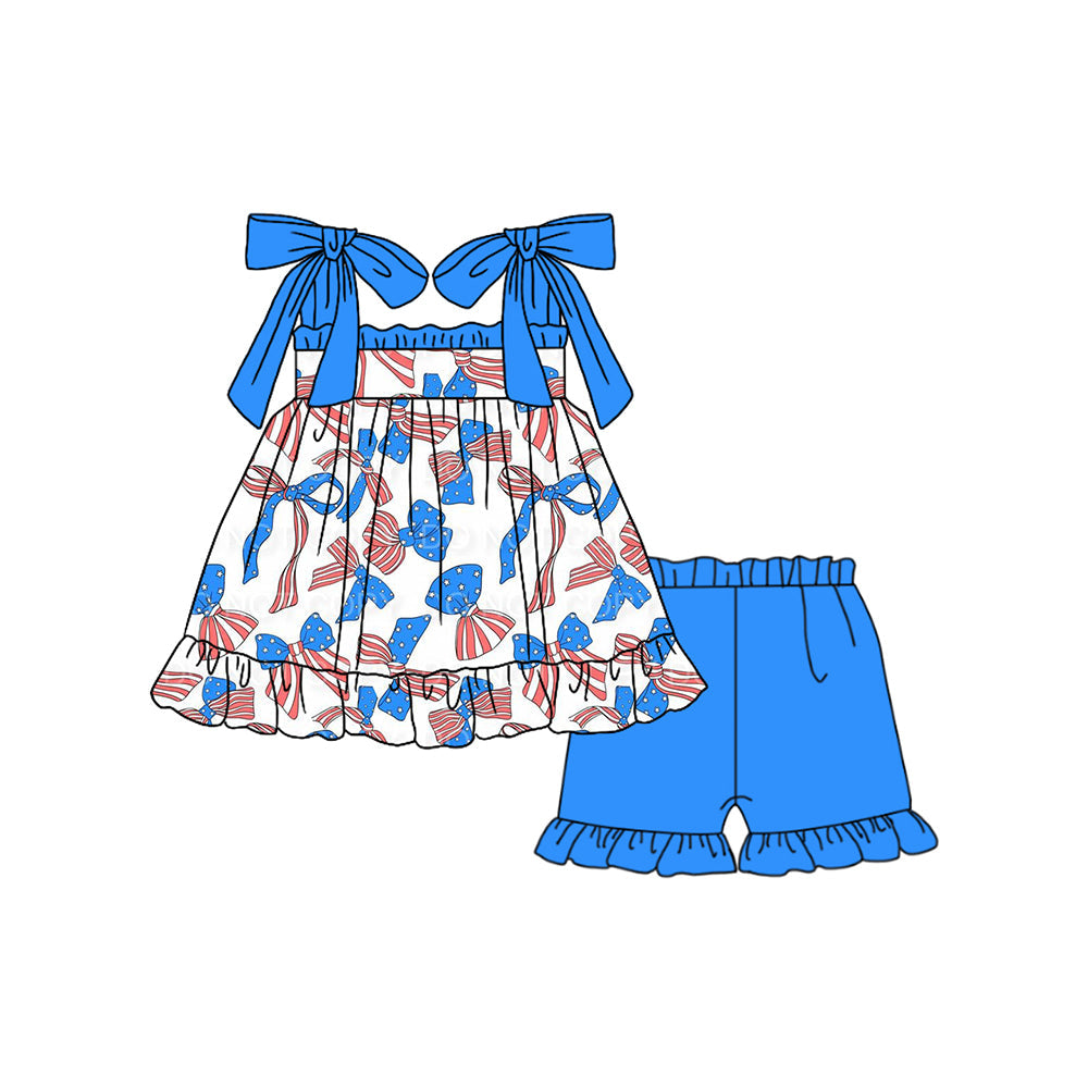 Preorder Baby Girl July 4th Bows Straps Tunic Blue Ruffle Shorts Clothes Set
