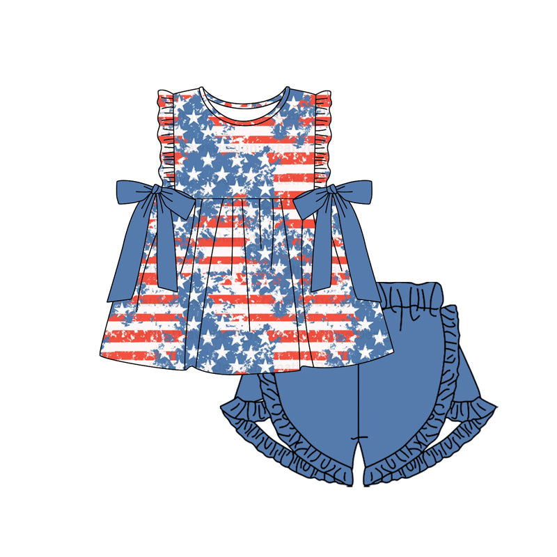 Preorder Baby Girl July 4th Stars Bows Tunic Blue Shorts Clothes Set