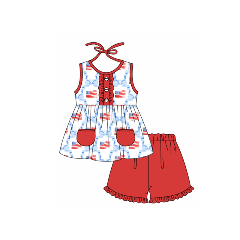 Preorder Baby Girl July 4th Flag Bows Pocket Tunic Red Shorts Clothes Set