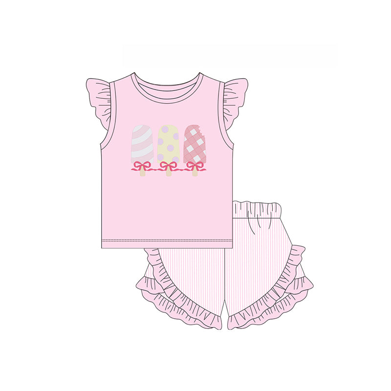 Preorder Baby Girl Short Sleeves Popstick Bows Shirt Shorts Summer Pink Clothes Set