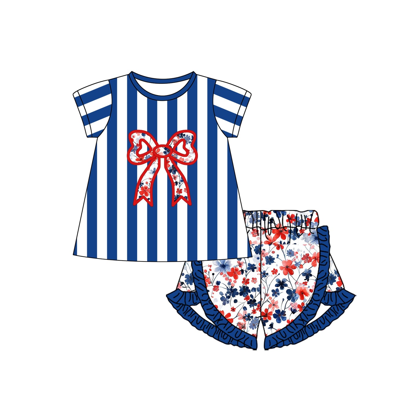 Preorder Baby Girl Short Sleeves Blue Stripes July 4th Bow Shirt Flower Shorts Clothes Set