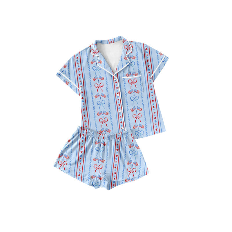 Preorder Baby Girl July 4th Short Sleeves Bows Flags Buttons Shirt Shorts Pajamas Blue Clothes Set