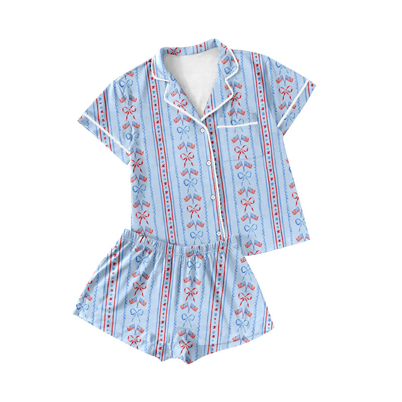 Preorder Adult Women Short Sleeves Bows Flags July 4th Buttons Shirt Shorts Pajamas Set