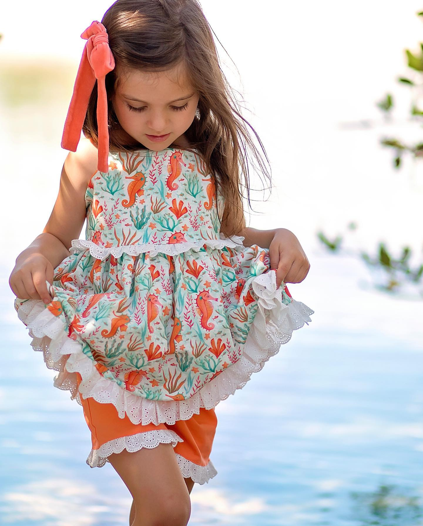 Preorder Baby Girl Sleeveless Seahorse Ruffle Tunic Shorts Clothes Set