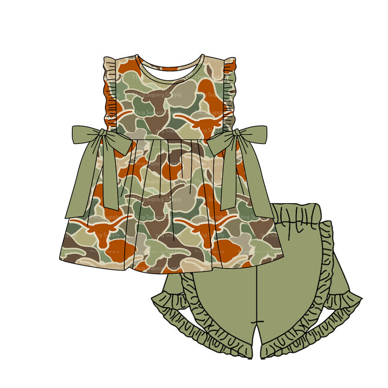 Preorder Baby Girl Short Sleeves Cow Camo Green Bows Tunic Ruffle Shorts Clothes Set
