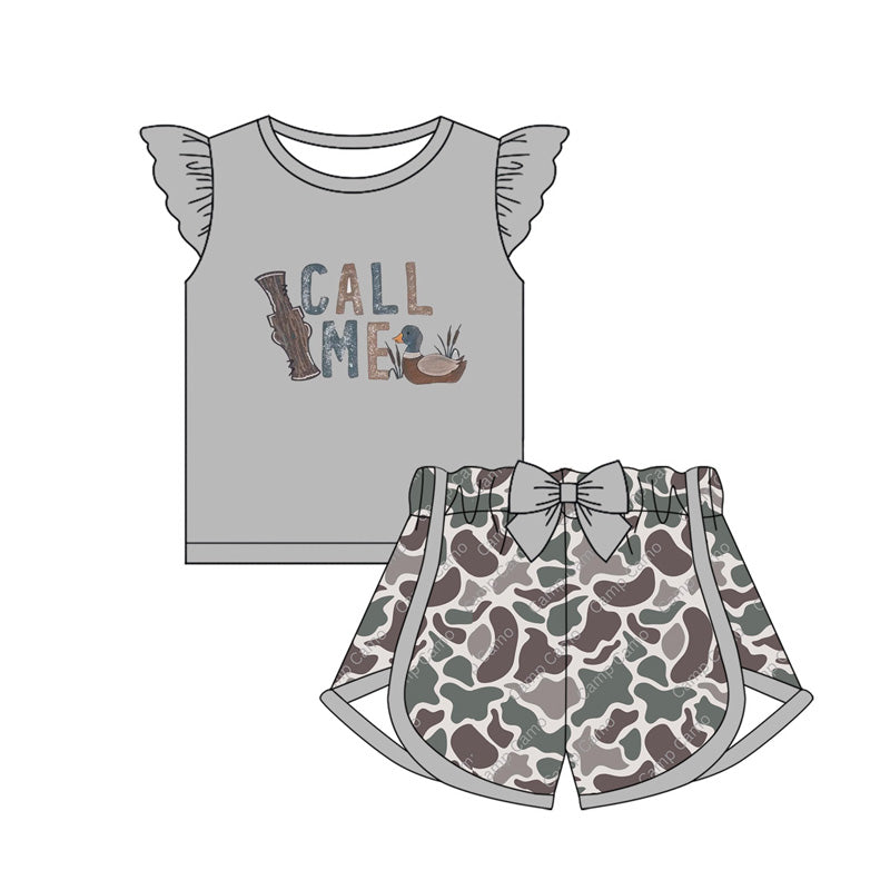 Preorder Baby Girl Short Sleeves Grey Duck Call Me Shirt Bow Camo Shorts Clothes Set