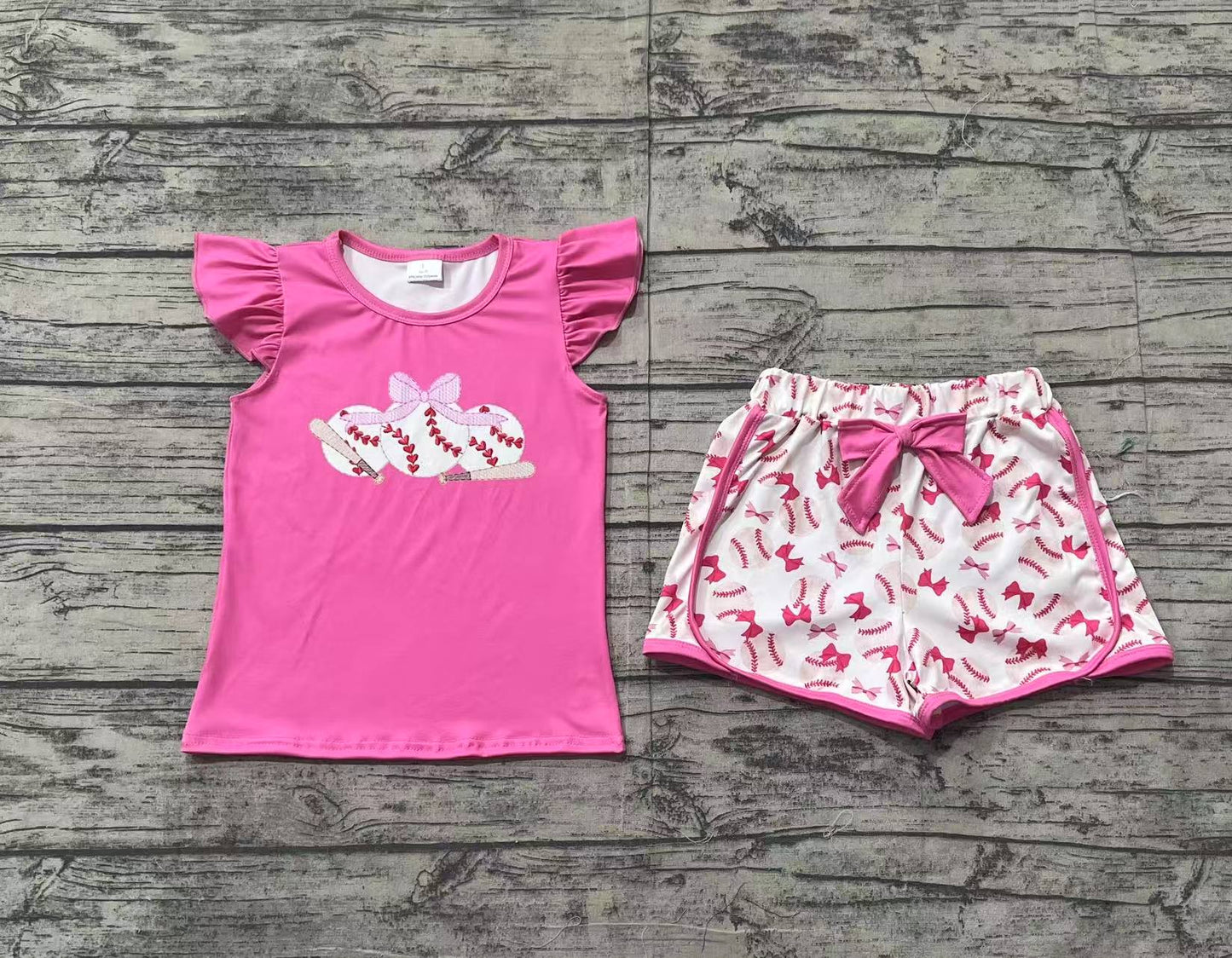 Preorder Baby Girl Short Sleeves Pink Baseball Bows Shirt Bows Shorts Clothes Set（ No moq ）