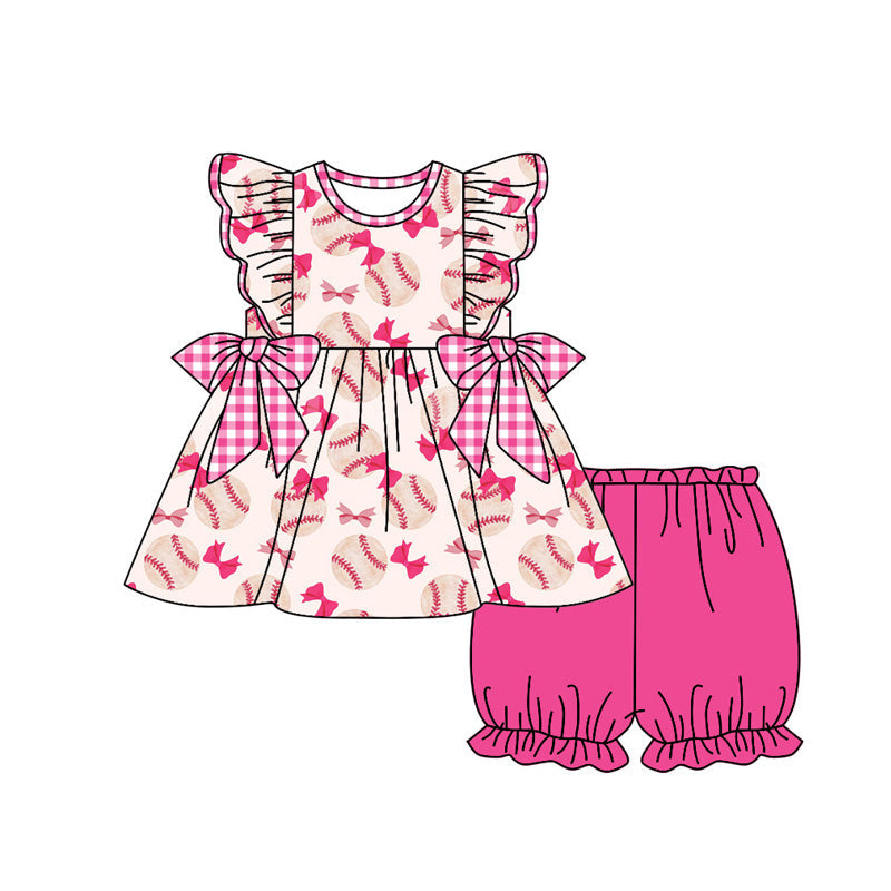 Preorder Baby Girl Short Sleeves Baseball Bows Tunic Pink Shorts Clothes Set