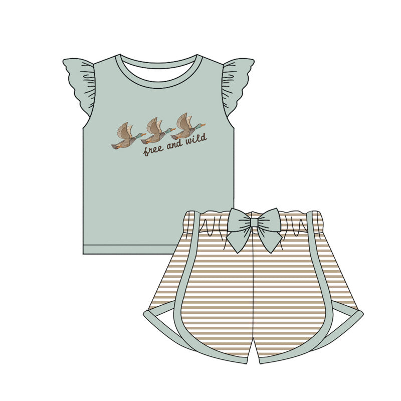 Preorder Baby Girl Short Sleeves Ducks Shirt Stripes Shorts Clothes Set