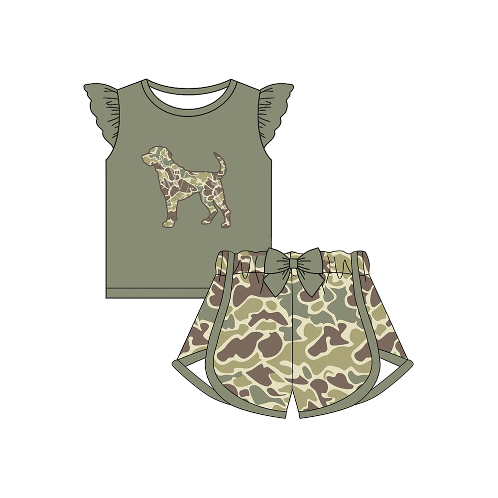 Preorder Baby Girl Short Sleeves Dog Green Shirt Bow Camo Shorts Clothes Hunting Set