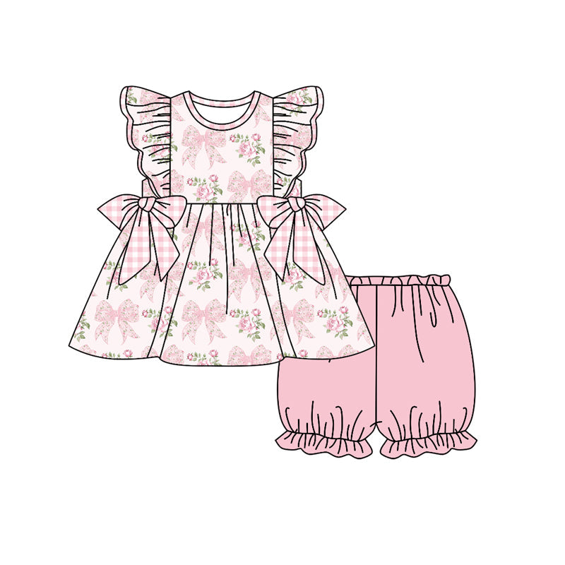 Preorder Baby Girl Short Sleeves Pink Bows Flower Tunic Elastic Shorts Clothes Set