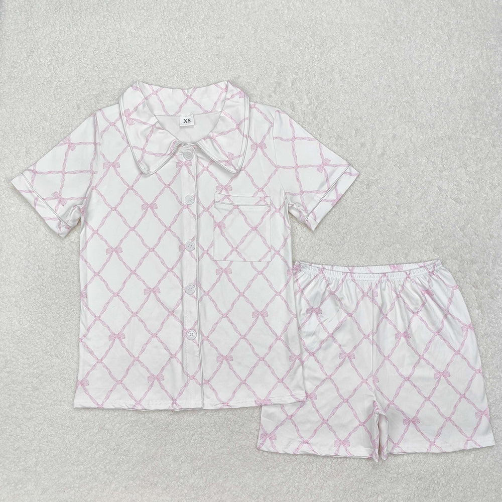 Adult Women Short Sleeves Bows Pocket Buttons Shirt Shorts Pajamas Set RTS