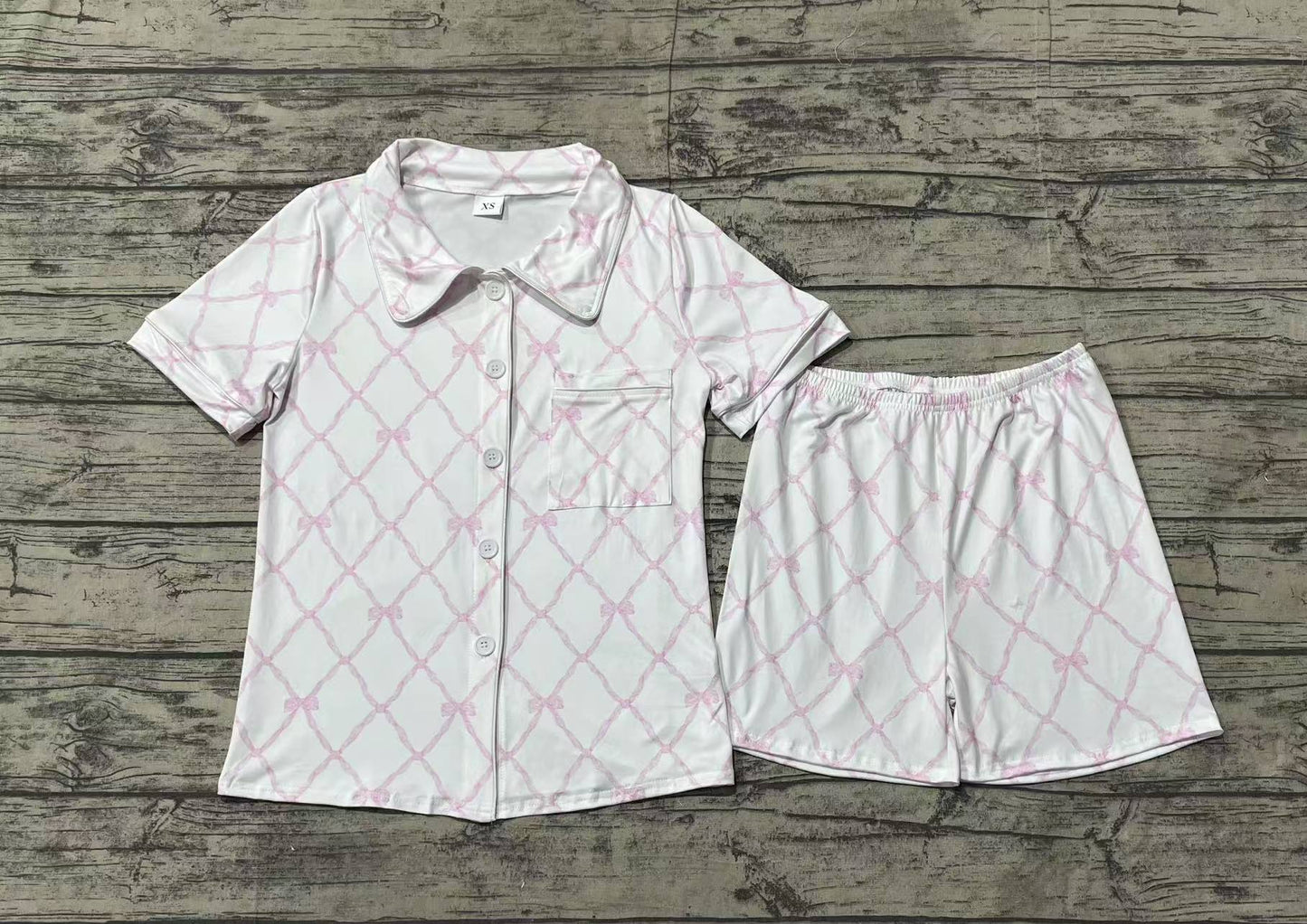 Adult Women Short Sleeves Pink Bows Buttons Shirt Shorts Pajamas Set