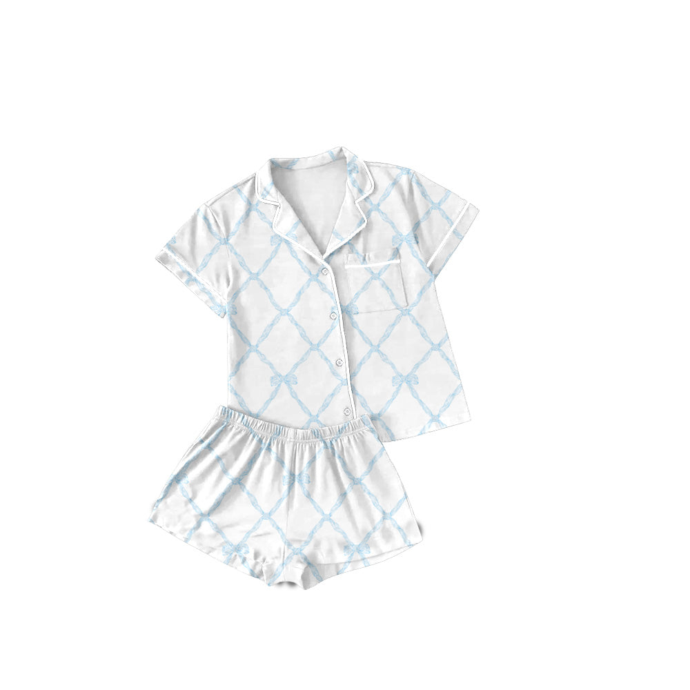 Preorder Adult Women Short Sleeves Blue Bows Buttons Shirt Shorts Pajamas Clothes Set