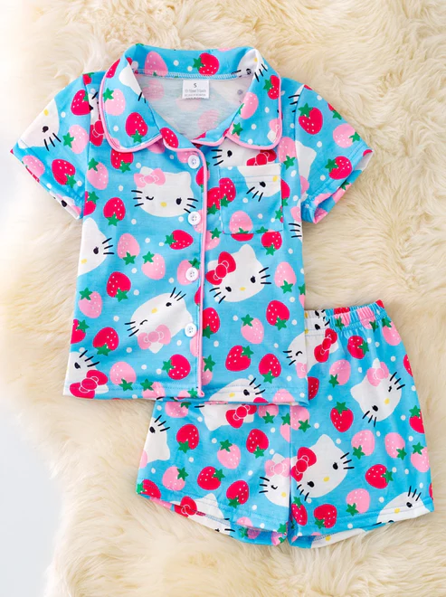 Preorder Baby Girl Short Sleeves Cat Strawberry Buttons Shirt Shorts Pajamas Clothes Set