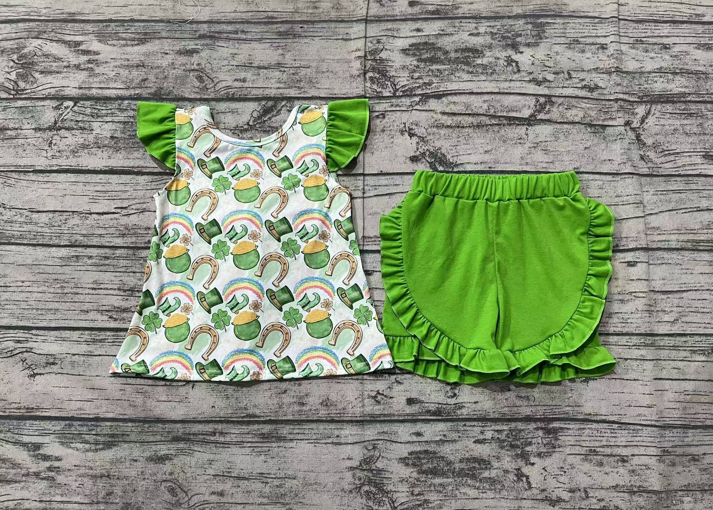 Baby Girl Short Sleeves St Patrick Day Rainbow Green Bow Tunic Shorts Clothes Set