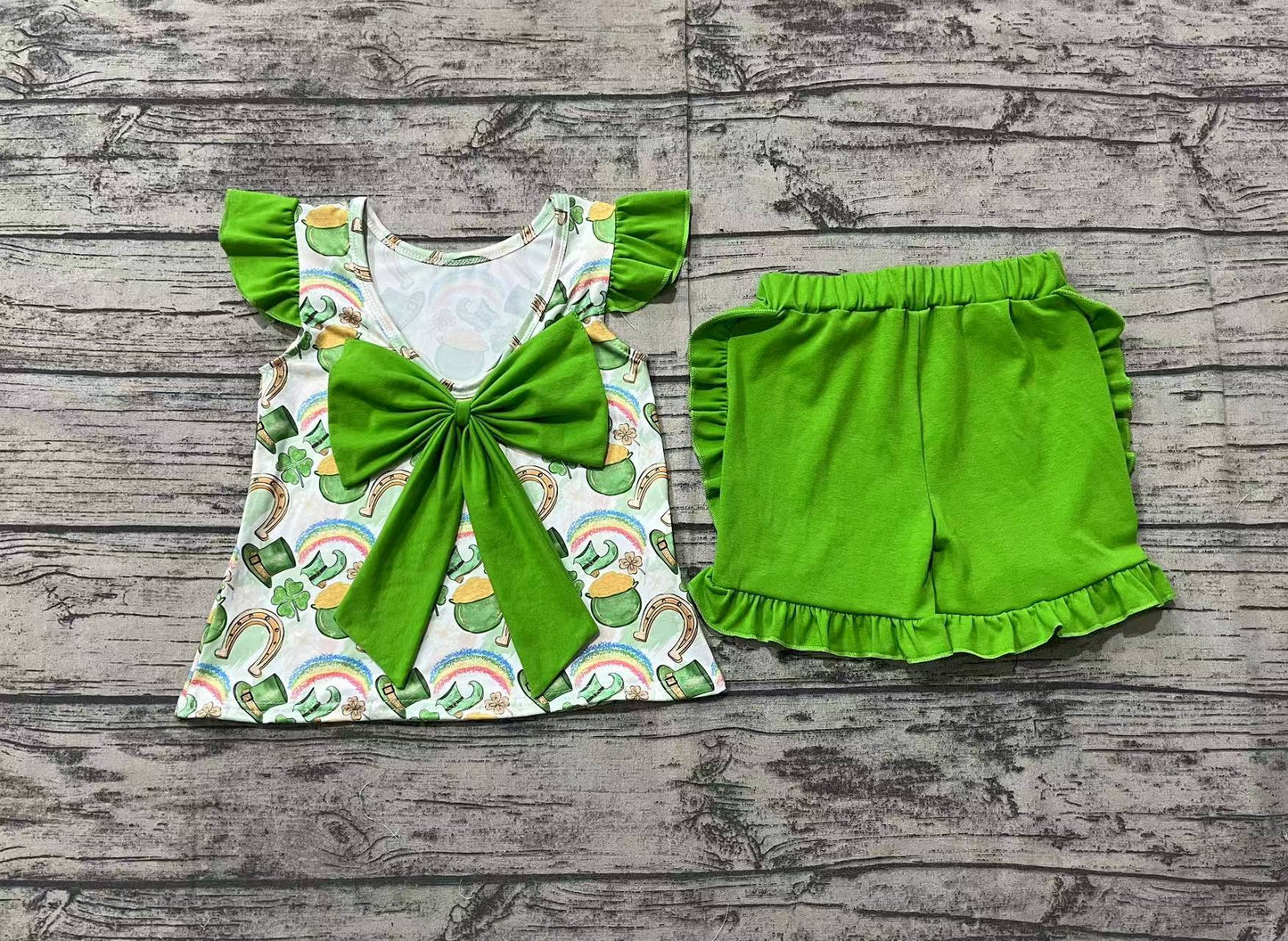 Baby Girl Short Sleeves St Patrick Day Rainbow Green Bow Tunic Shorts Clothes Set