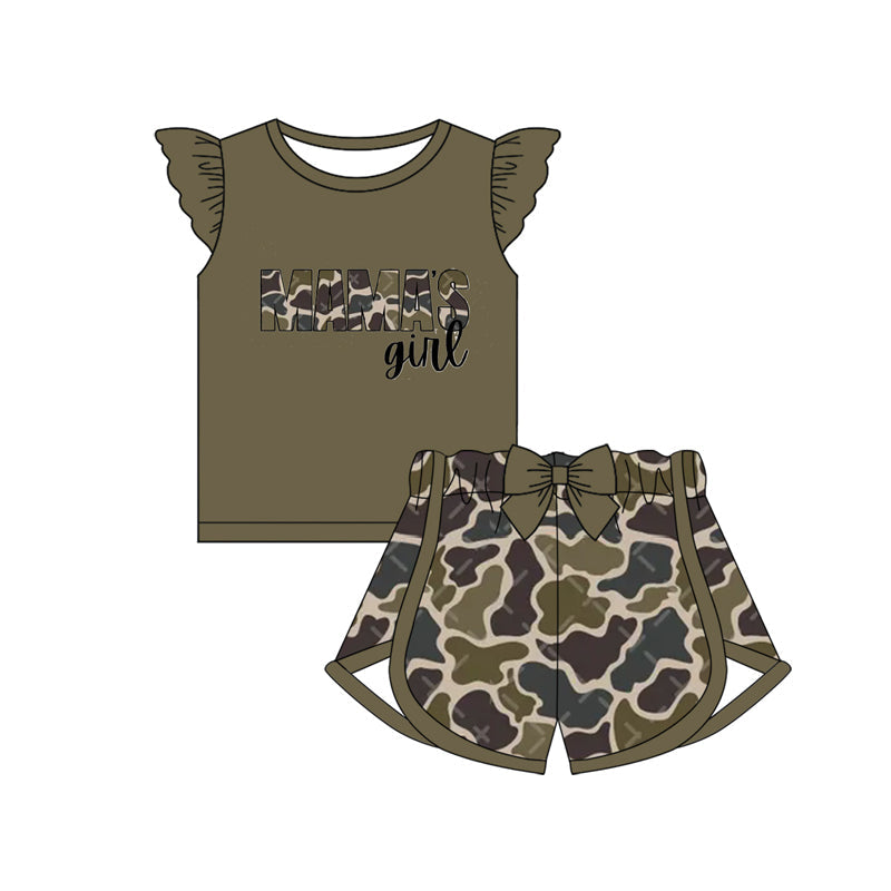 Preorder Baby Kids Short Sleeves Mama's Girl Camo Shirts Bow Shorts Clothes Set