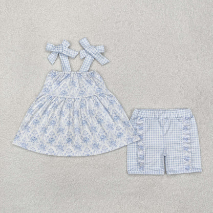 Baby Girl Straps Blue Flower Sibing Sister Dress Clothes Set RTS