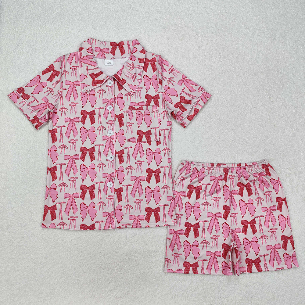 Adult Women Short Sleeves Bows Pocket Buttons Shirt Shorts Pajamas Set RTS