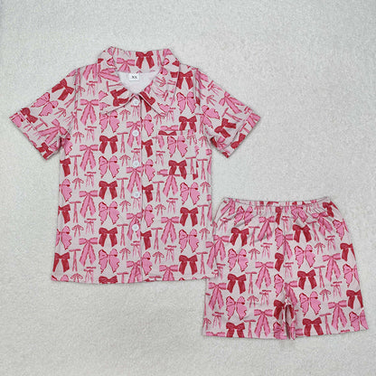 Adult Women Short Sleeves Bows Pocket Buttons Shirt Shorts Pajamas Set RTS