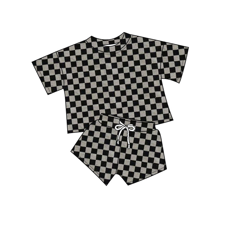 Preorder Baby Boy Short Sleeves Black Grey Checkered Shirt Shorts Outfit Clothes Set