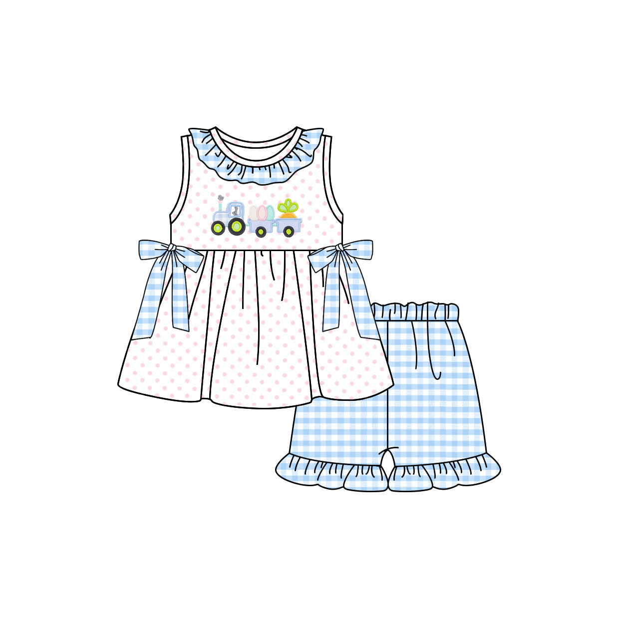 Preorder Baby Girl Sleeveless Easter Trucks Carrots Tunic Ruffle Blue Plaid Shorts Clothes Set