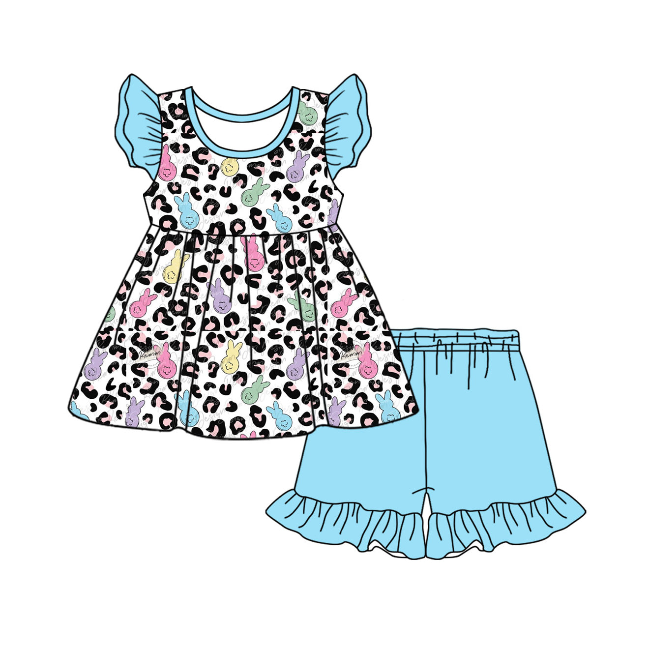 Preorder Baby Girl Short Sleeves Easter Leopard Rabbits Tunic Ruffle Blue Shorts Clothes Set