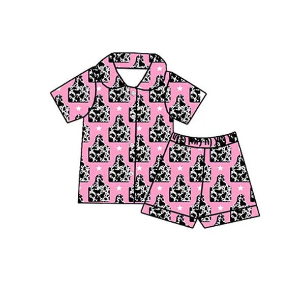Preorder Baby Girl Short Sleeves Western Cow Tag Button Up Shirt Shorts Pajamas Clothes Set