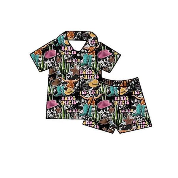Preorder Baby Girl Short Sleeves Western Howdy Cow Button Up Shirt Shorts Pajamas Clothes Set