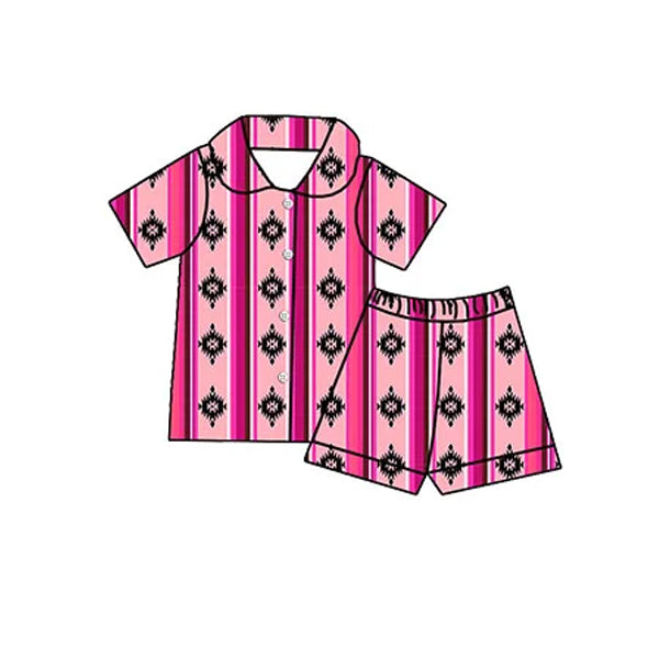 Preorder Baby Girl Short Sleeves Western Aztec Button Up Shirt Shorts Pajamas Clothes Set