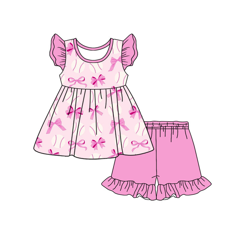 Preorder Baby Girl Short Sleeves Baseball Bows Tunic Ruffle Pink Shorts Clothes Set
