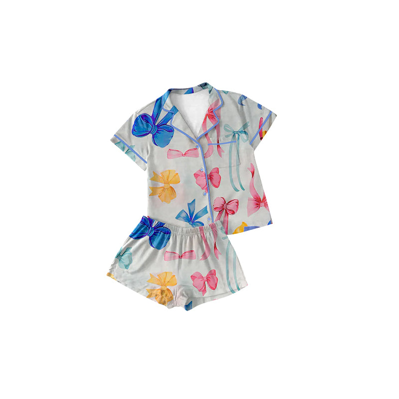Preorder Baby Girl Kids Short Sleeves Bows Buttons Shirt Shorts Pajamas Set