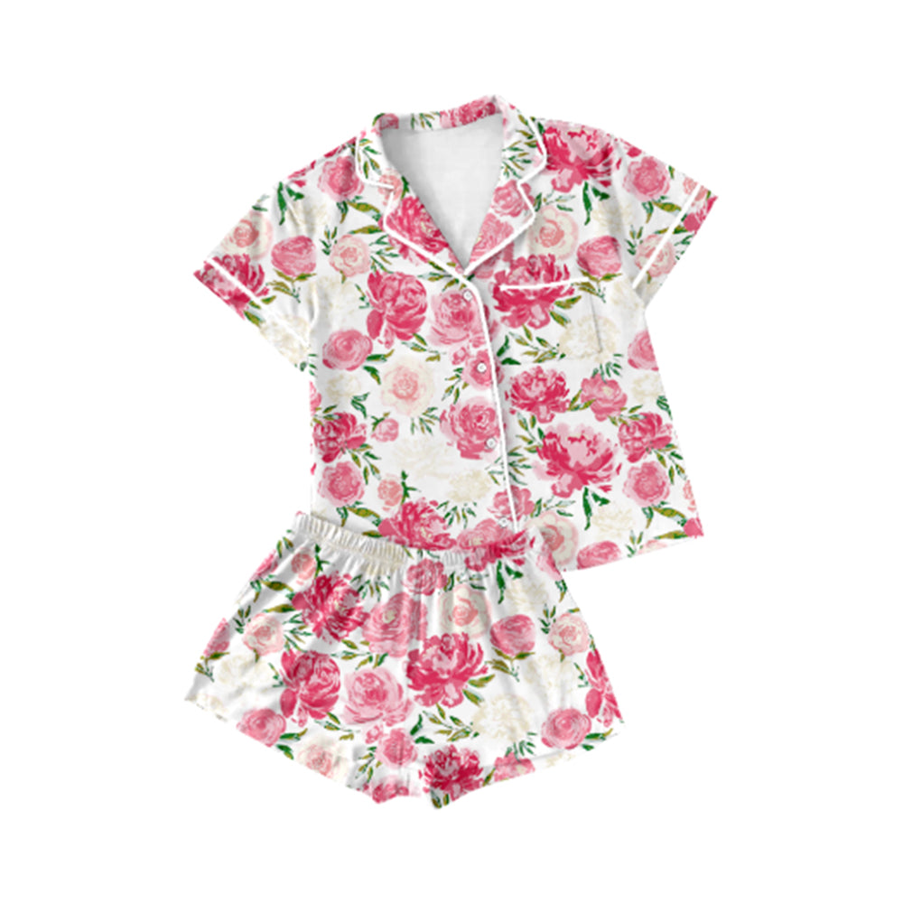 Preorder Adult Women Short Sleeves Flower Buttons Shirt Shorts Pajamas Set