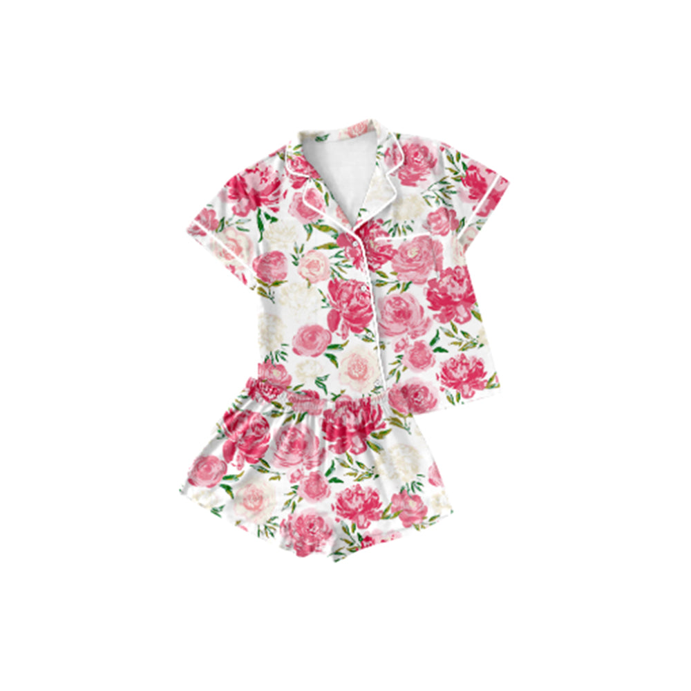Preorder Baby Girl Kids Short Sleeves Flower Buttons Shirt Shorts Pajamas Set
