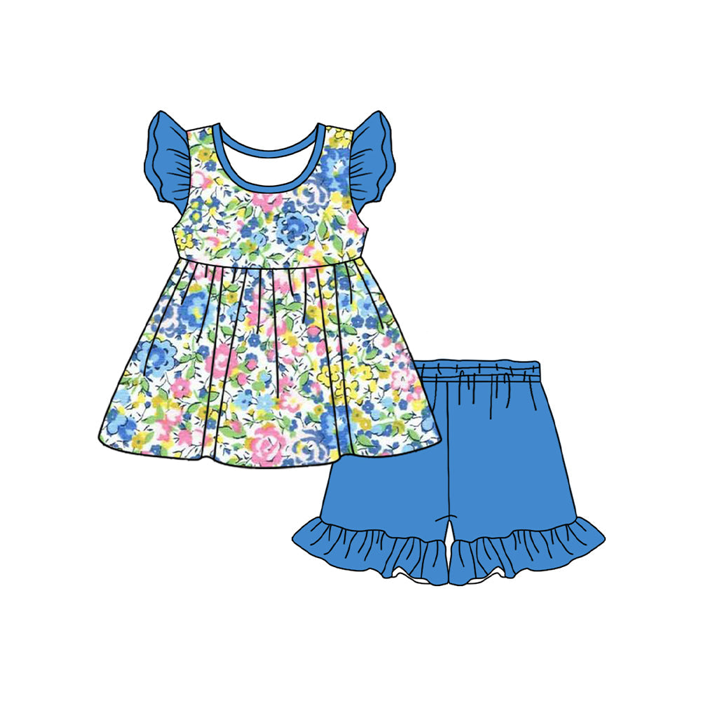 Preorder Baby Girl Short Sleeves Flower Tunic Blue Ruffle Shorts Clothes Set