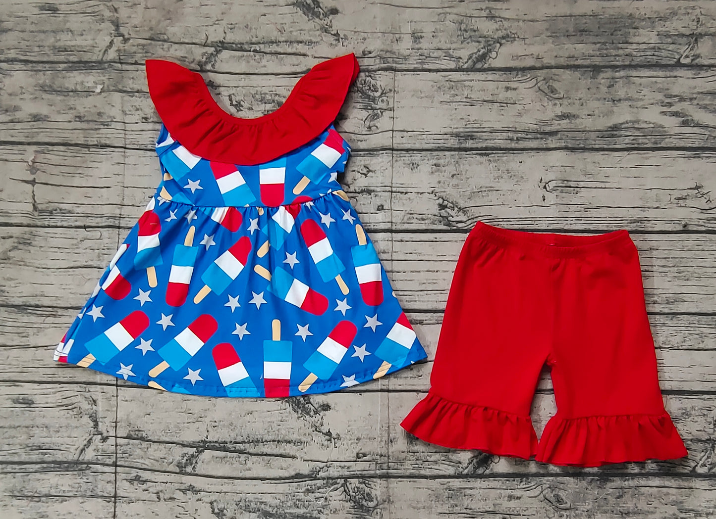 Preorder Baby Girl Short Sleeves July 4th Popsicle Stars Tunic Red Ruffle Shorts Clothes Set（ No moq ）