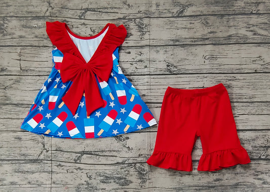 Preorder Baby Girl Short Sleeves July 4th Popsicle Stars Tunic Red Ruffle Shorts Clothes Set（ No moq ）