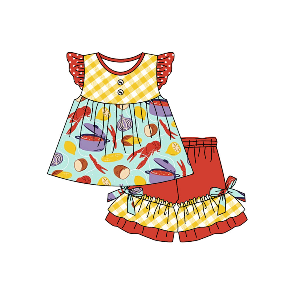 Preorder Baby Girl Short Sleeves Crawfish Tunic Ruffle Shorts Clothes Set