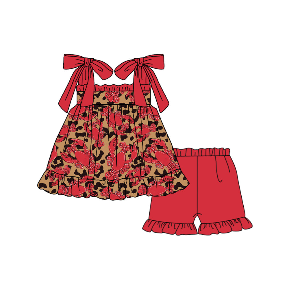 Preorder Baby Girl Straps Red Leopard Crawfish Tunic Red Ruffle Shorts Clothes Set