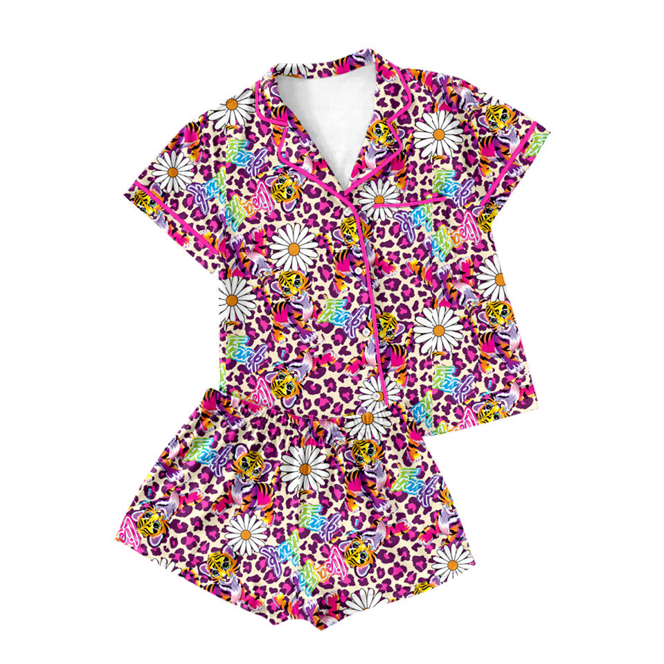 Preorder Adult Women Short Sleeves Leopard Flower Tiger Buttons Shirt Shorts Pajamas Set