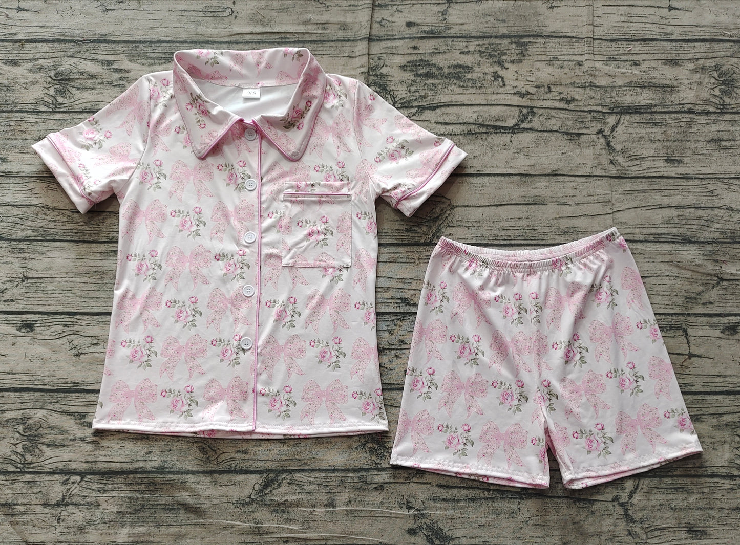 Preorder Adult Women Short Sleeves Bows Flower Buttons Shirt Shorts Pajamas Pink Set