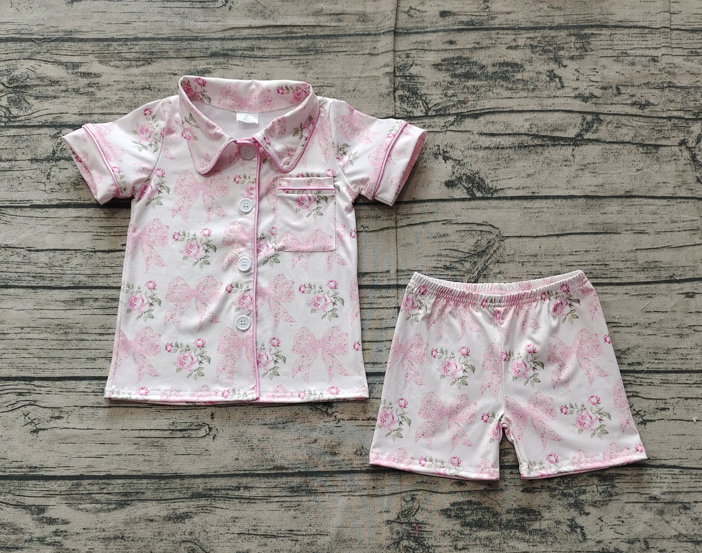 Preorder Baby Girl Kids Short Sleeves Bows Flower Buttons Shirt Shorts Pajamas Pink Set